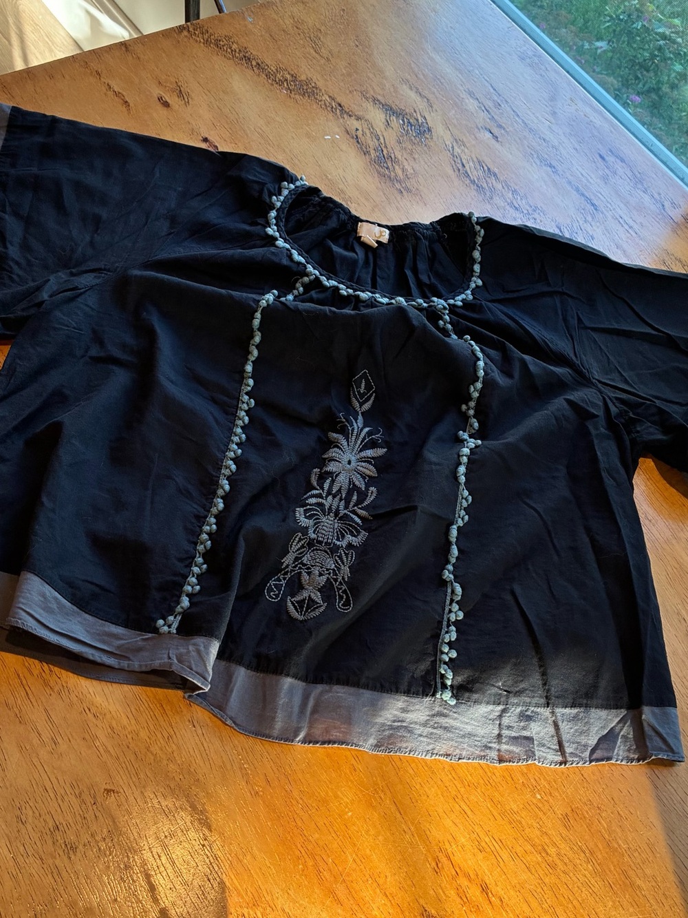 Women’s Black Embroidered Peasant Top with Trim